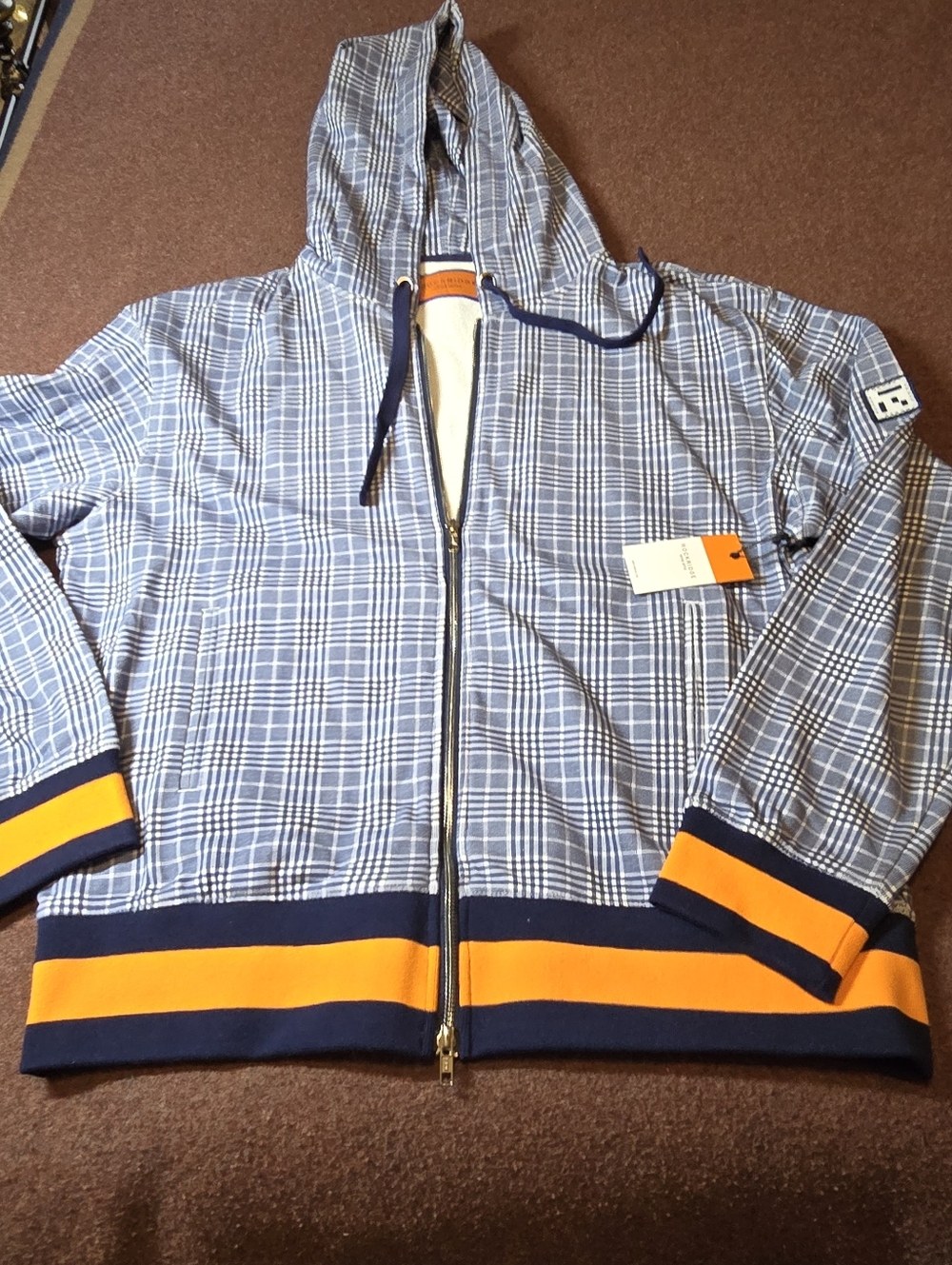 Rockridge Cotton Hoodie Size Large In Blue White Orange Faux Pockets With Zipper